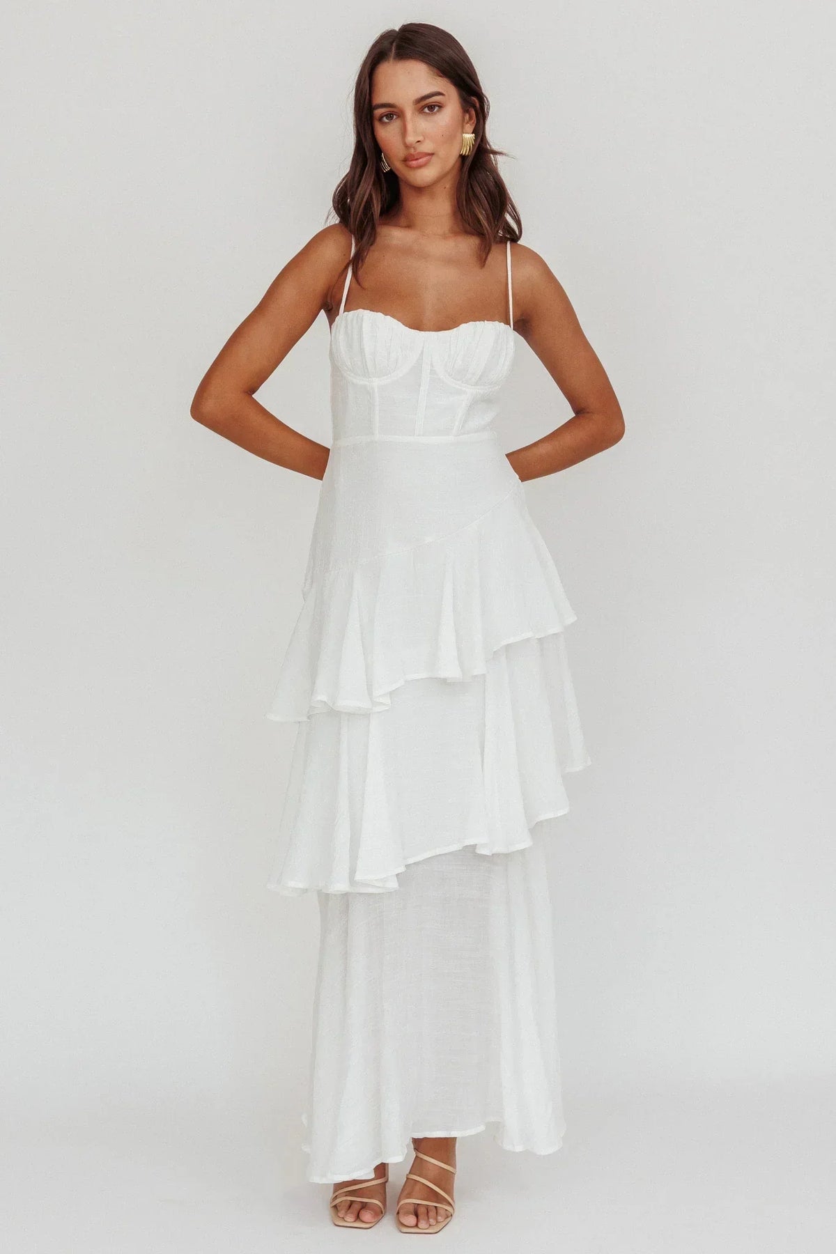 Bustier Sweetheart Cami Strap Asymmetric Tiered Ruffle Maxi Dress