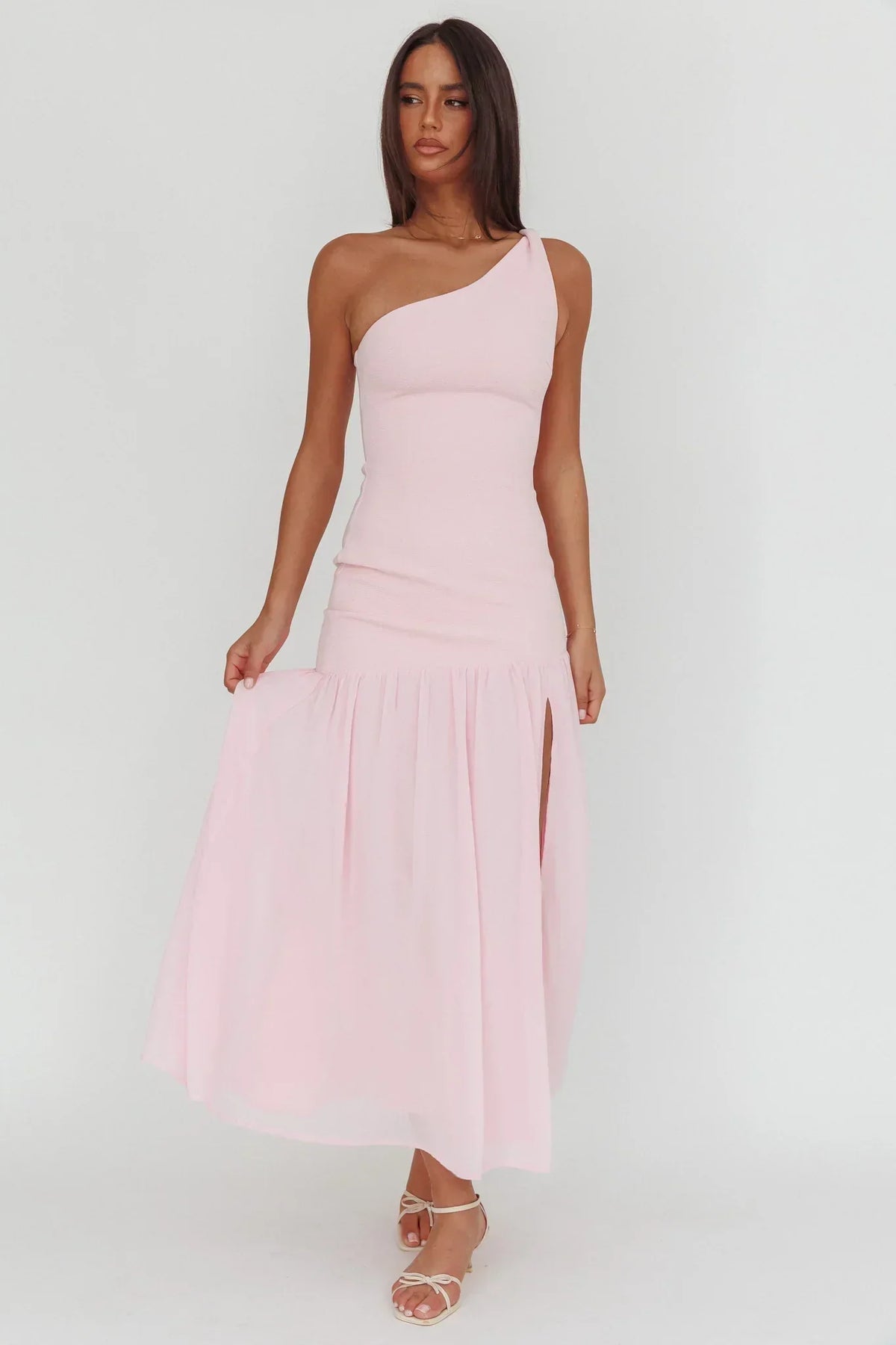 Lights On One-Shoulder Drop Waist Maxi Dress Pink