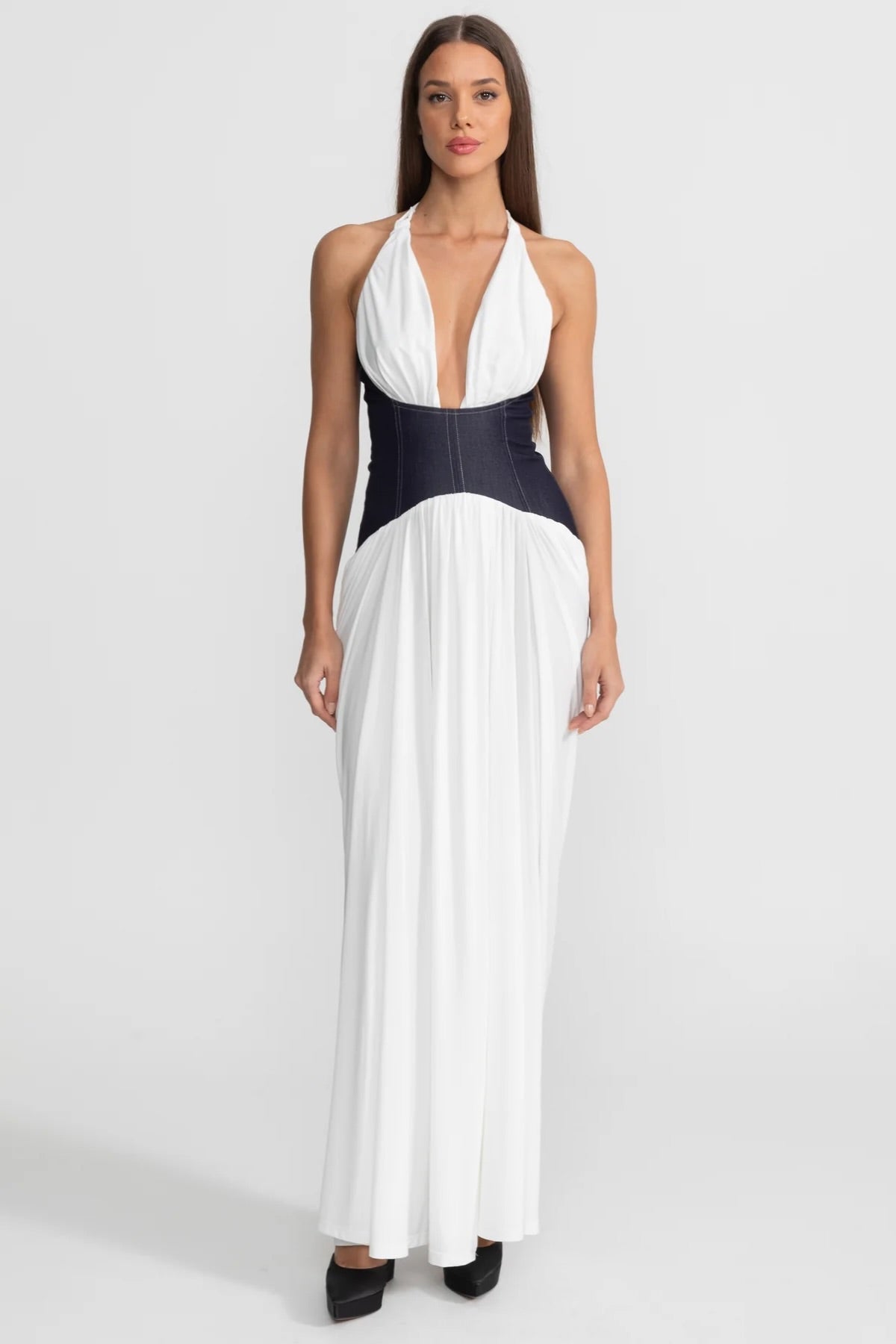 Halter Deep V-Neck Denim Look Corset Waist Draped Maxi Dress