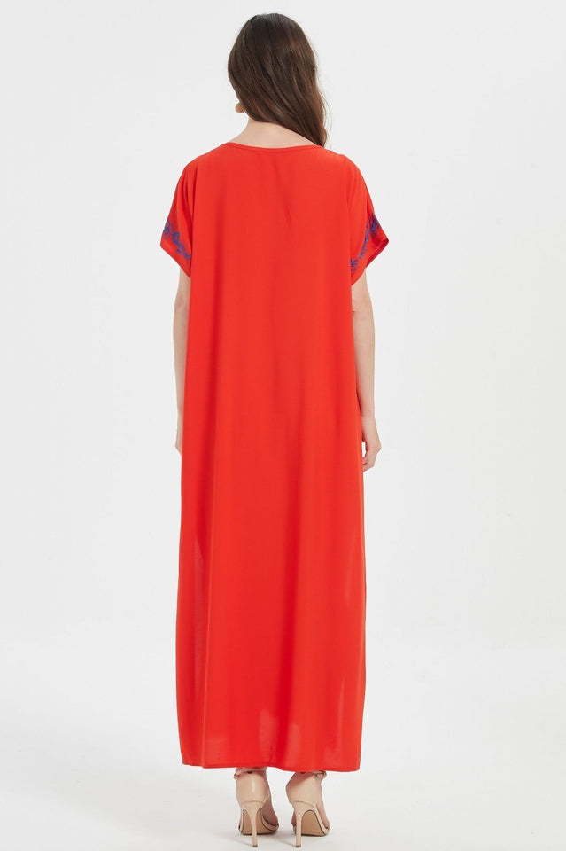 Embroidered V-Neck Short Sleeve Kaftan Maxi Dress 31