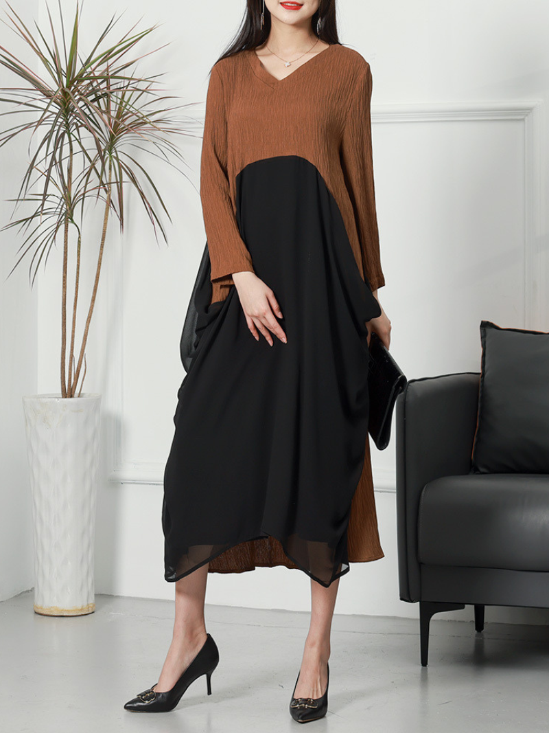 V-Neck Long Sleeve Chiffon Layered Loose Midi Dress