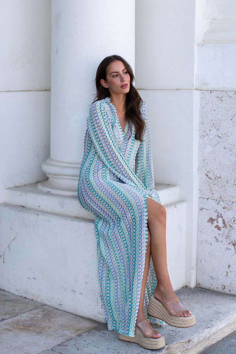Crochet Deep V-Neck Long Sleeve Striped Boho Maxi Dress