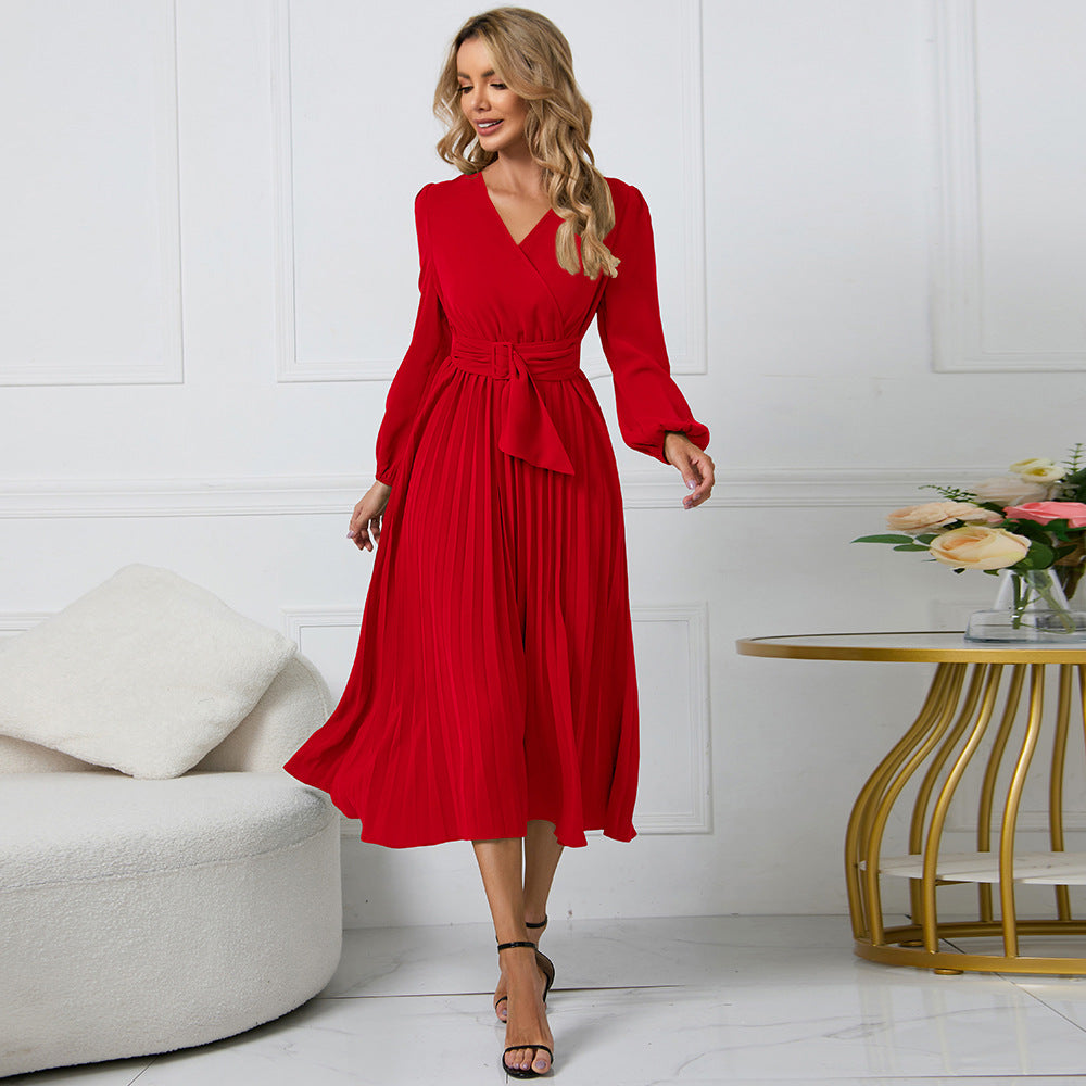 Minimalist Guillermina Pleated Midi Dress with a Crossover V Neck Designer Edit