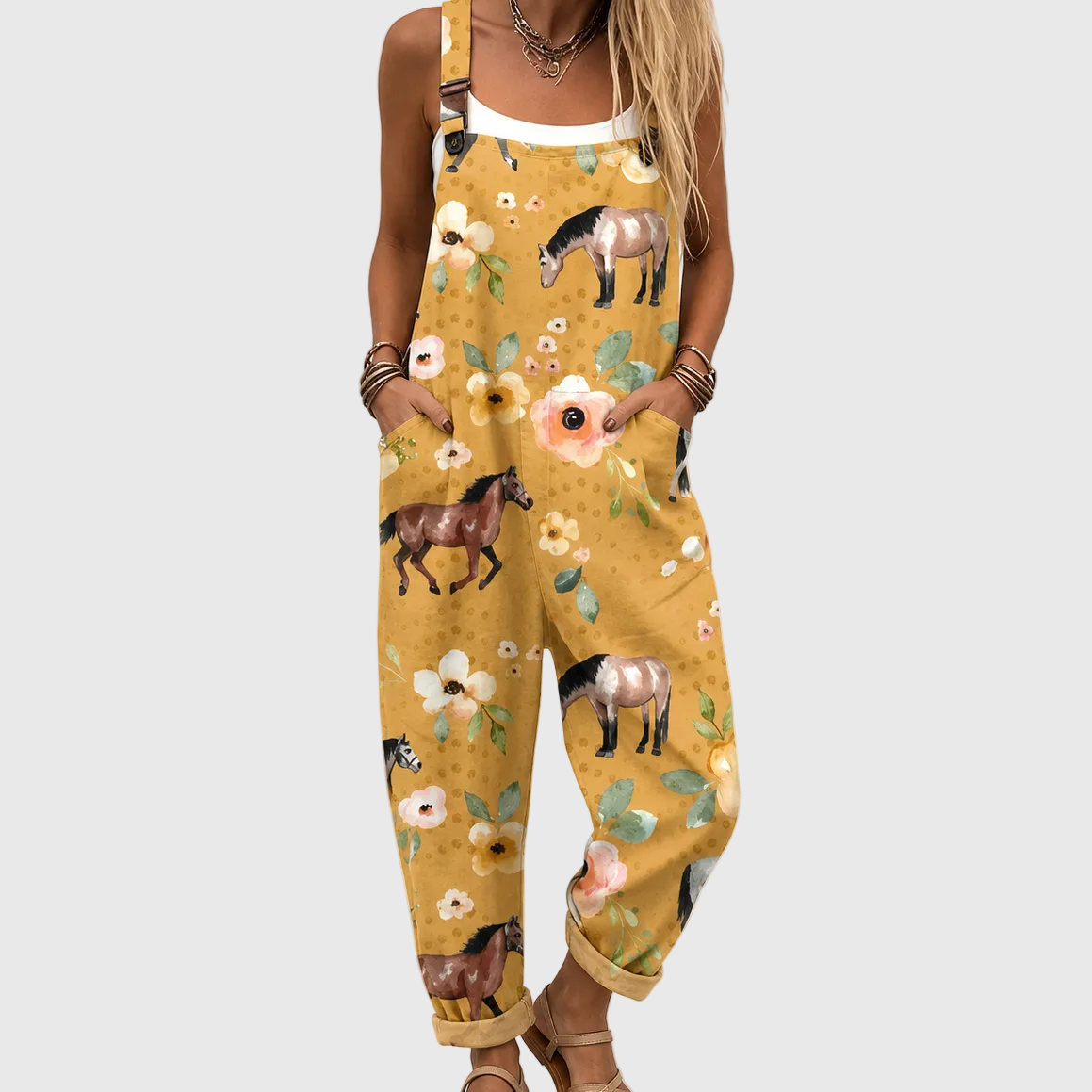 Horse and Floral Print Sleeveless Cuffed Overall Jumpsuit