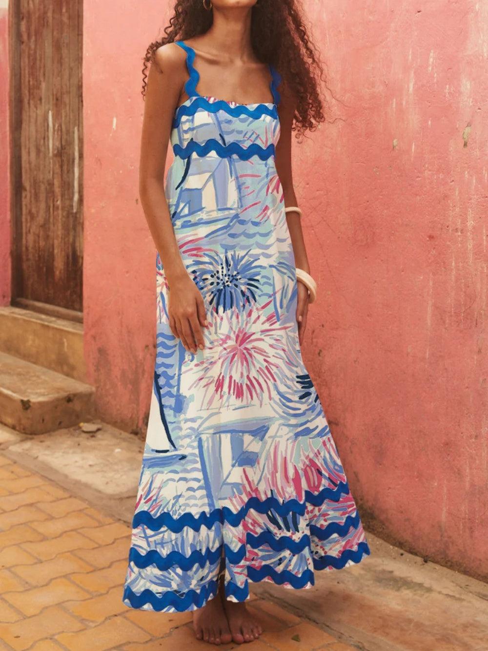 Floral wave strap A-line dress Blue