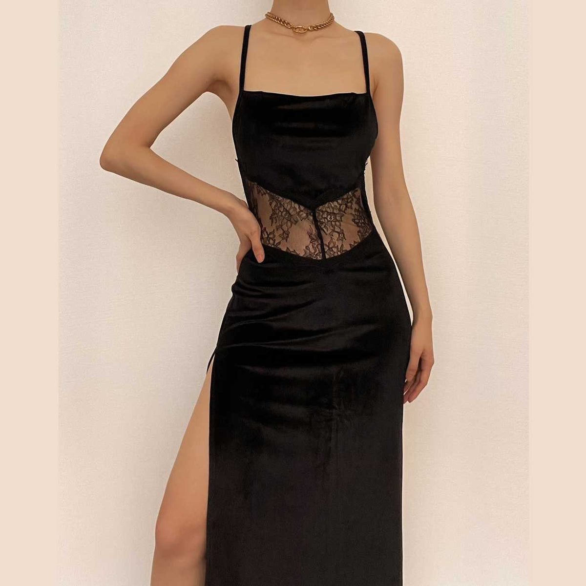 Velvet Lace Insert Waist Spaghetti Strap High Split Midi Dress