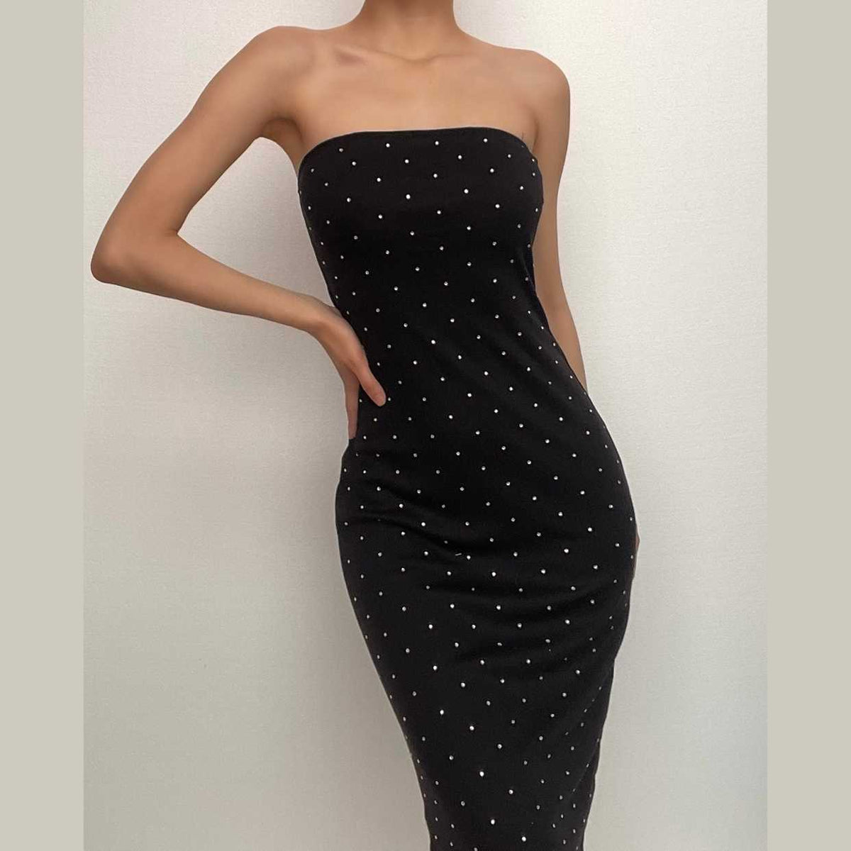 Rhinestone Studded Strapless Tube Bodycon Midi Dress