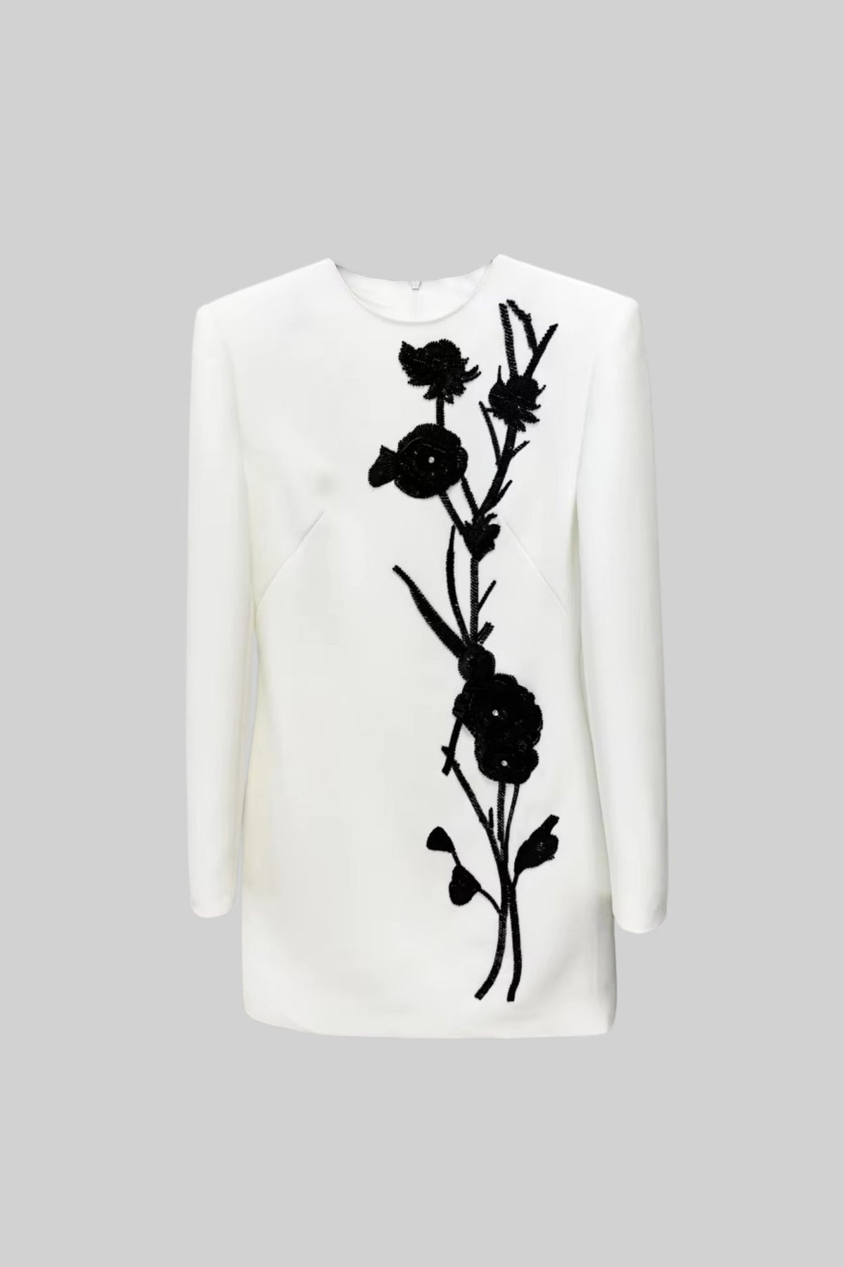 Round Neck Long Sleeve Beaded Floral Applique Structured Shoulder Mini Dress 2