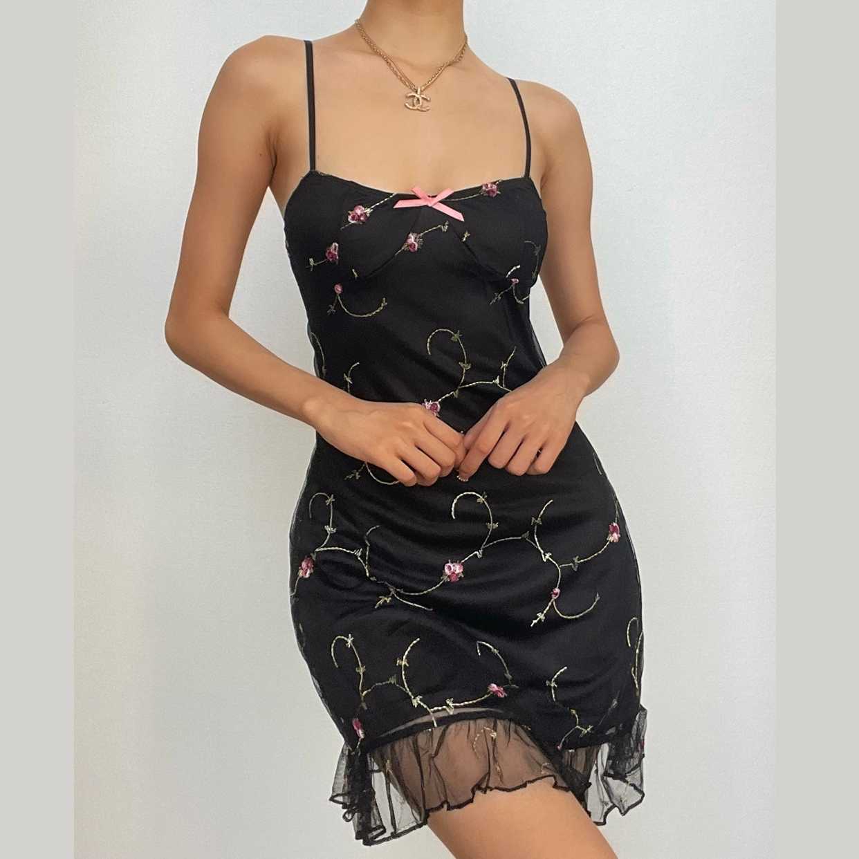 Satin Floral Embroidery Sweetheart Spaghetti Strap Mini Dress