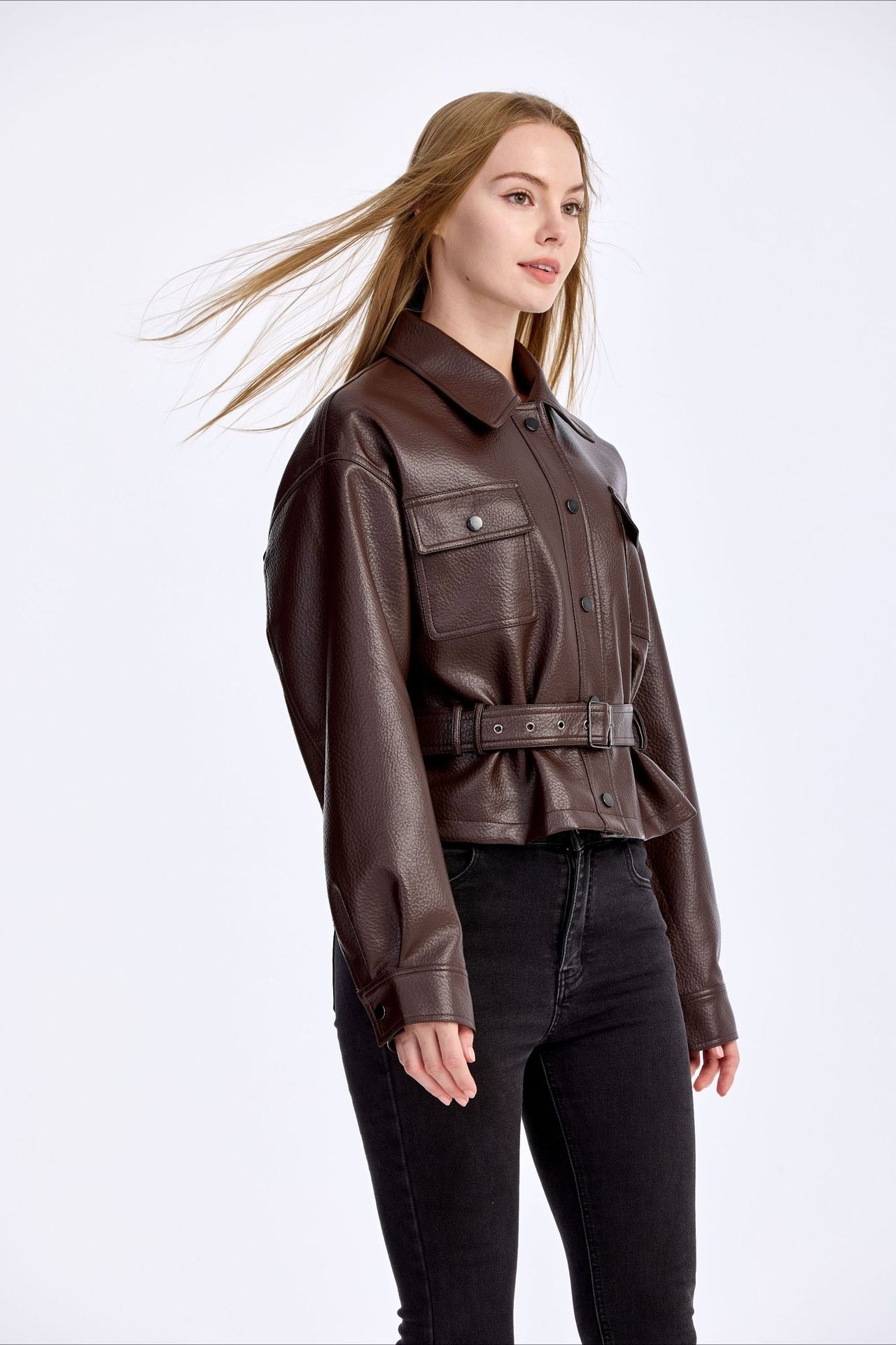 Cropped PU Notch Collar Jacket