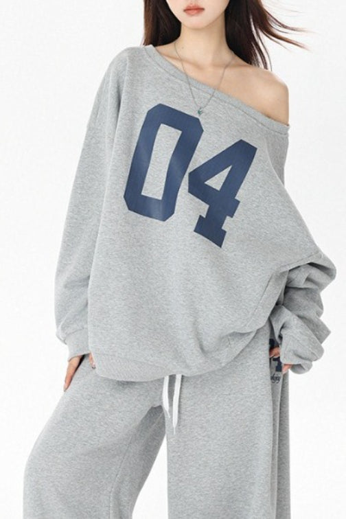 Number Print Off Shoulder Sweatshirt and Drawstring Wide Leg Sweatpants Two Piece Set 2