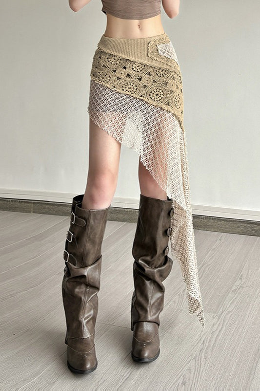 Crochet Lace Patchwork Asymmetric High Low Hem Wrap Skirt 4