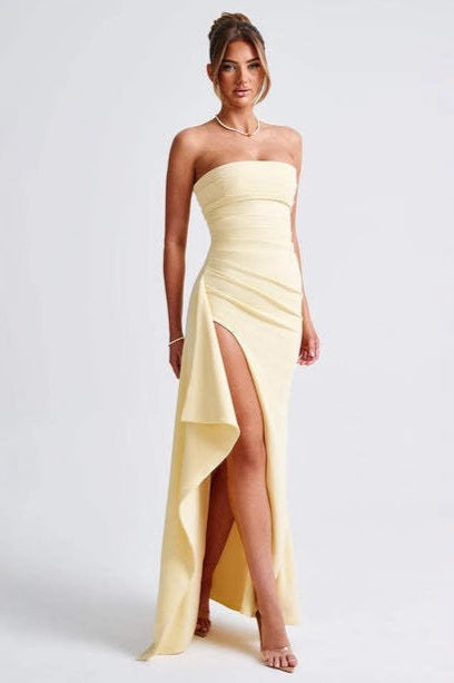 Strapless Ruched High Split Mermaid Maxi Dress
