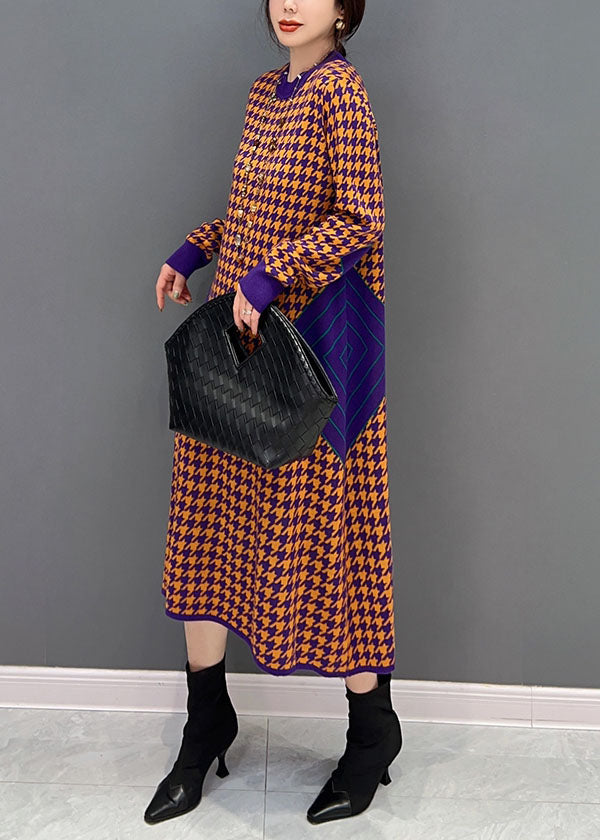 Houndstooth Mock Neck Long Sleeve Side Panel Knit Midi Dress