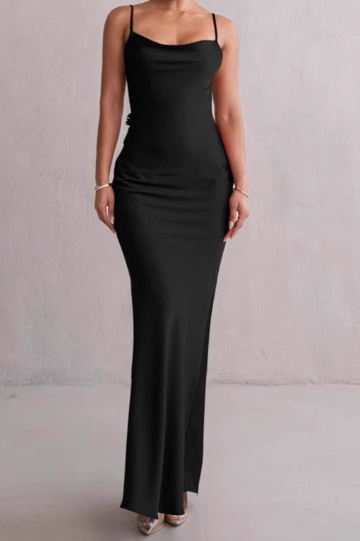 Satin Cowl Neck Spaghetti Strap Bias Cut Bodycon Maxi Dress