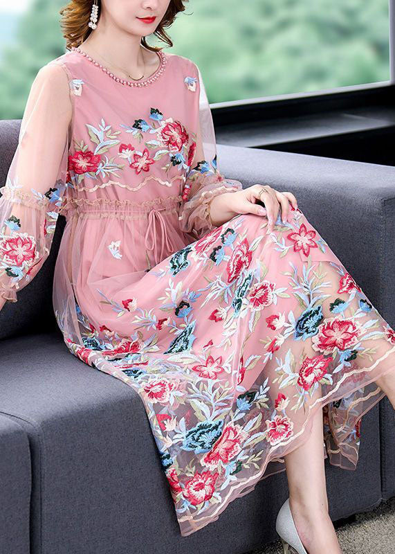 Floral Embroidery Mesh Overlay Bishop Sleeve Drawstring Waist A-Line Midi Dress