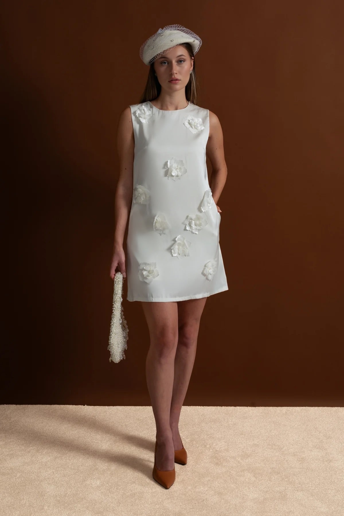 3D Floral Applique Round Neck Sleeveless Satin Shift Mini Dress