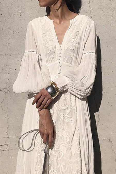 Vintage Lace Panel VNeck Embroidered Boho Dress