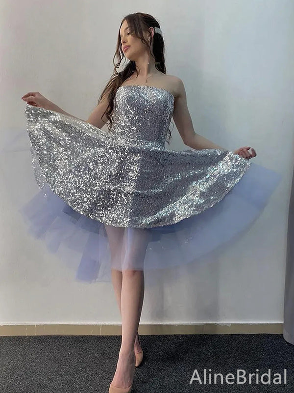 Sequin Strapless Tulle Underlay A-Line Short Homecoming Dress