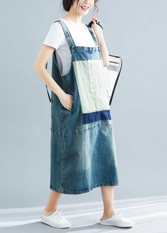Denim Lace Patchwork Bib Strap Pinafore Midi Dress