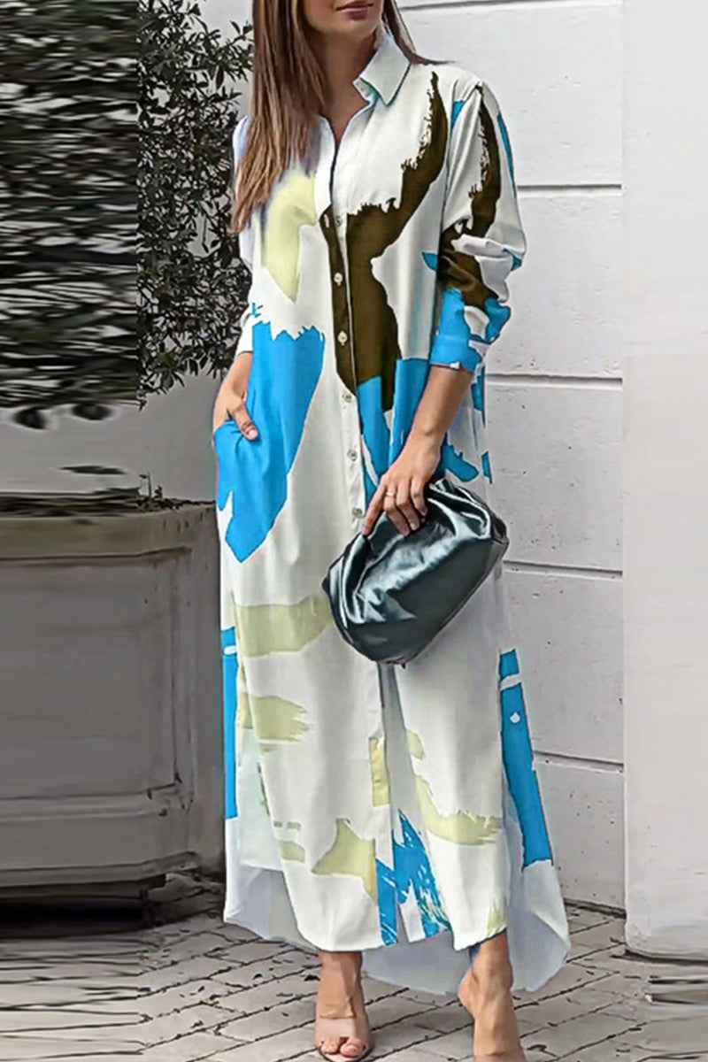 Collared Button Front Long Sleeve Pocket Slit Maxi Shirt Dress