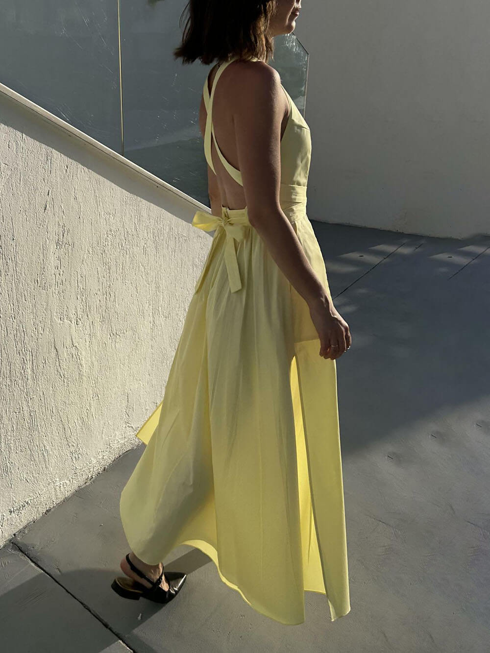 Spaghetti Strap Square Neck Tie Belt Side Pocket Maxi Dress