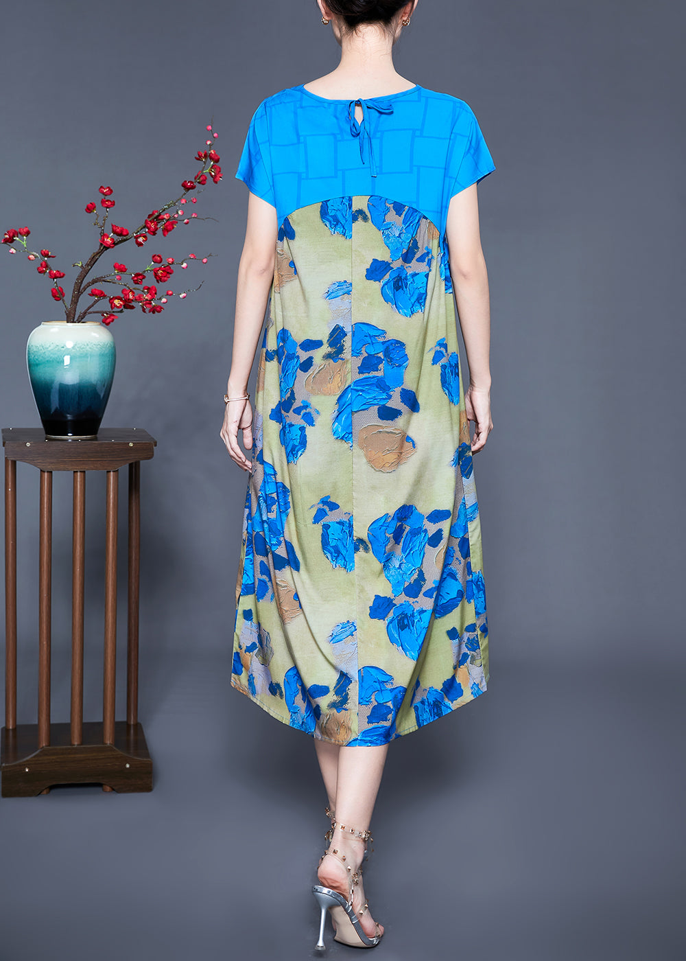 Floral Print Patchwork V-Neck Flutter Sleeve Midi Dress
