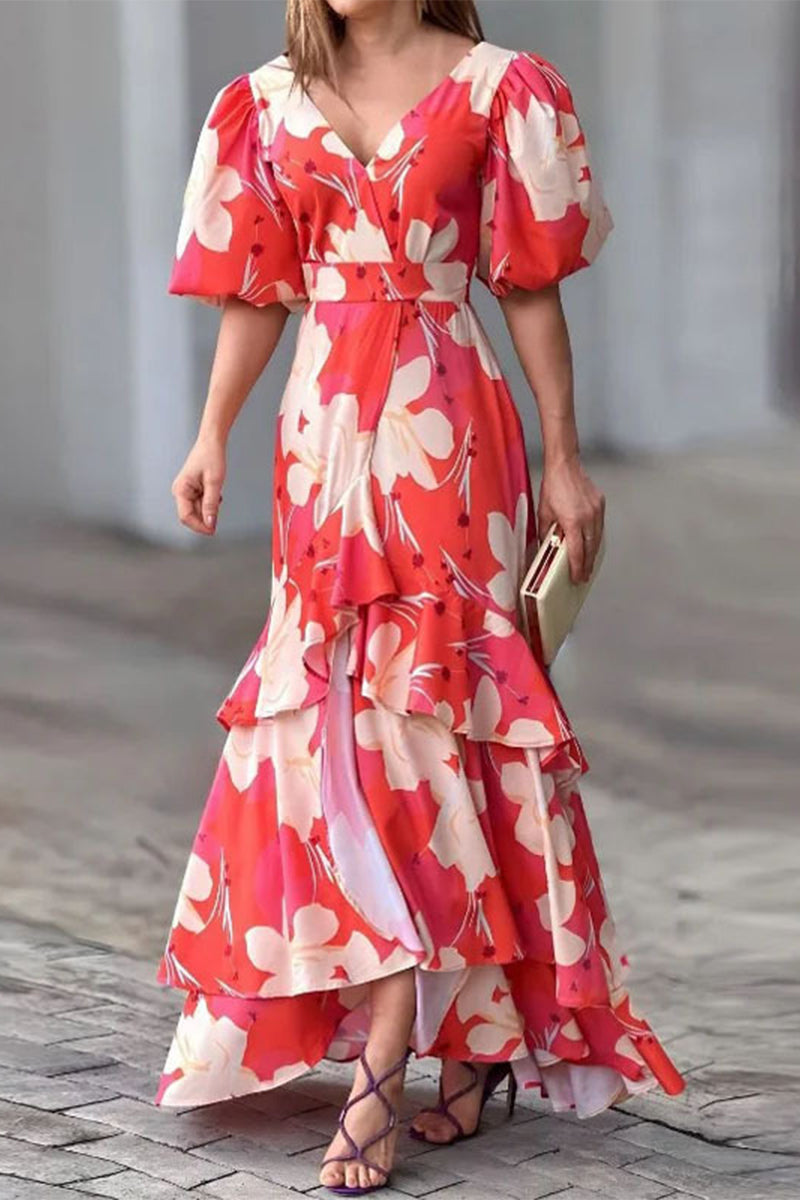 Floral Print Deep V-Neck Puff Sleeve Belted Tiered Ruffle A-Line Maxi Dress