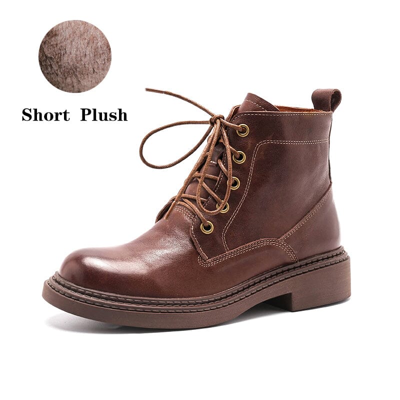 Retro Boots Brush-Off Leather Round Toe Low Heel Bottine Flat Ankle Boots Black/Coffee