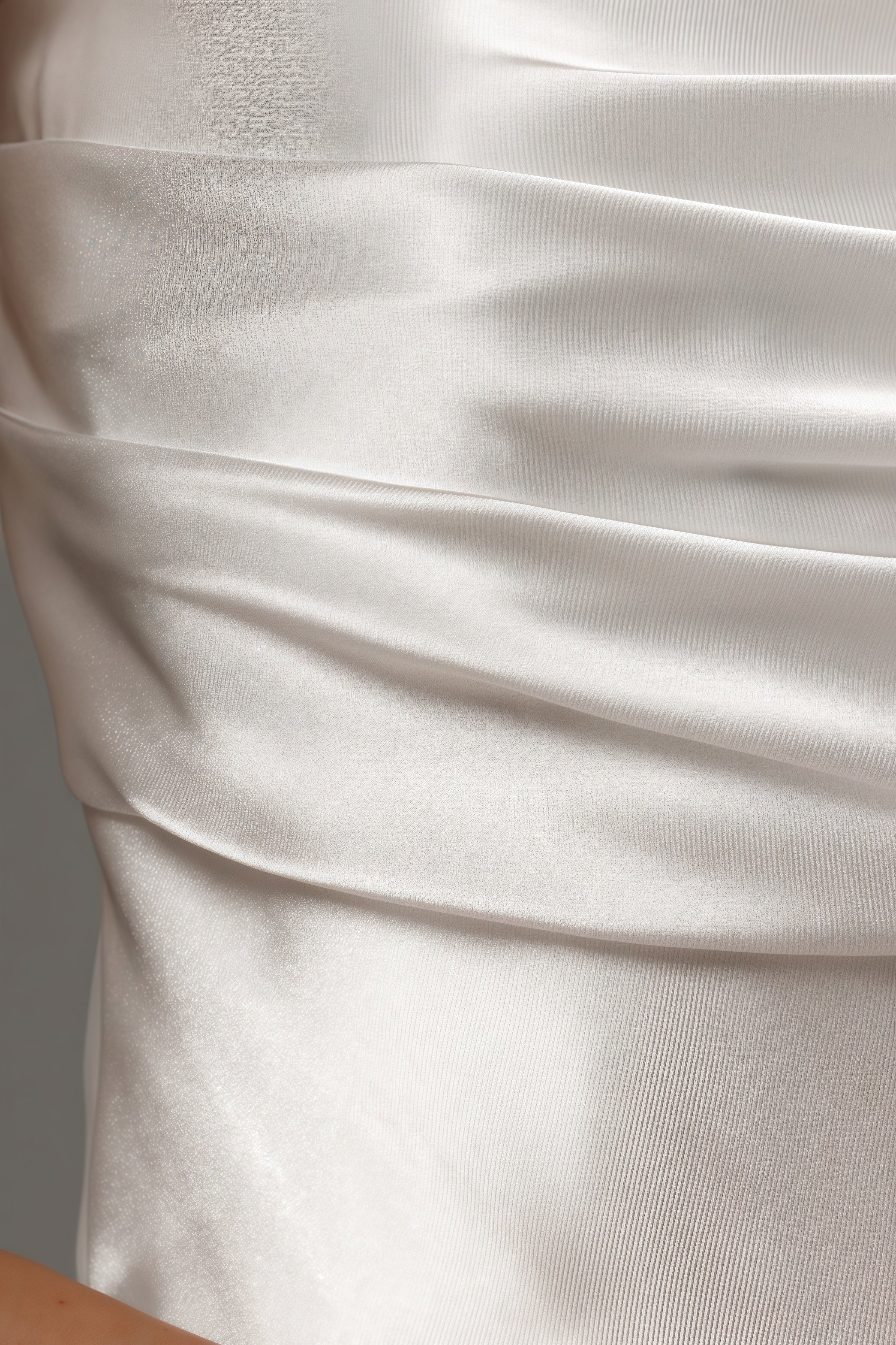 Satin Off Shoulder Ruched Bodice Tea Length A-Line Wedding Gown