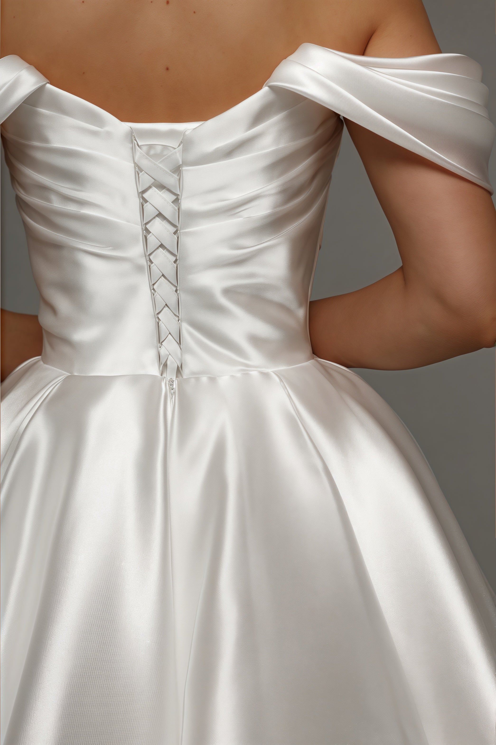 Satin Off Shoulder Ruched Bodice Tea Length A-Line Wedding Gown