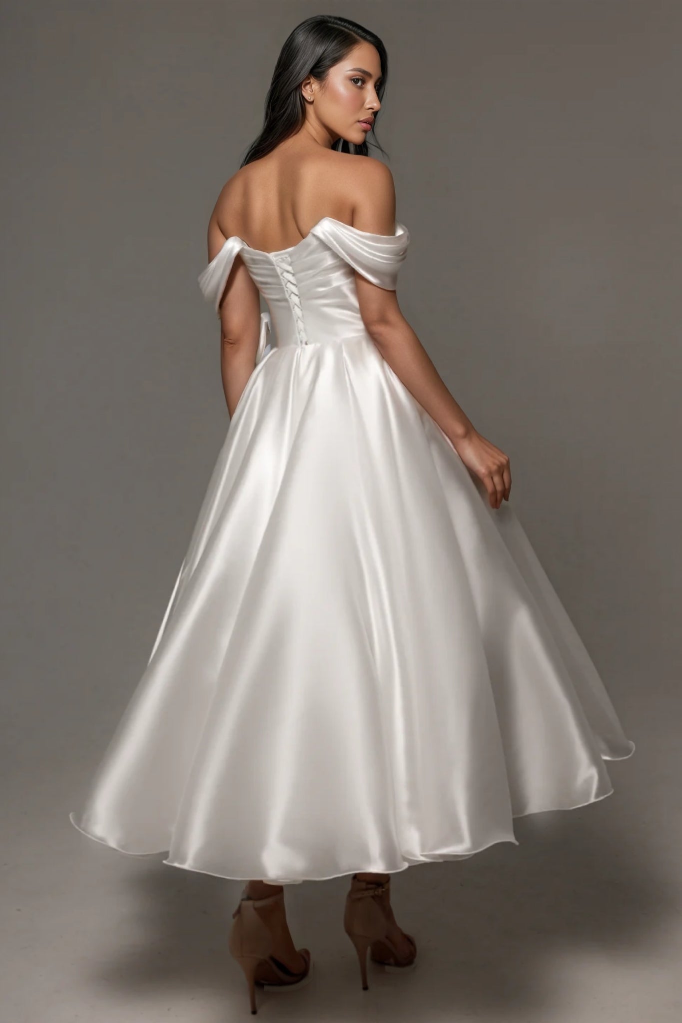 Satin Off Shoulder Ruched Bodice Tea Length A-Line Wedding Gown