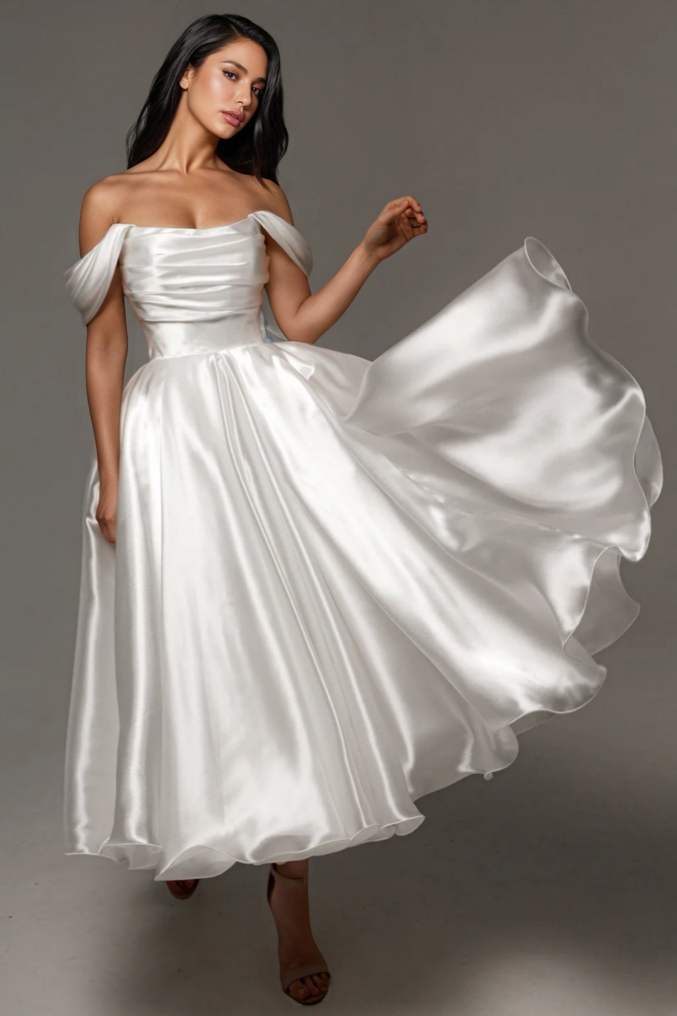 Satin Off Shoulder Ruched Bodice Tea Length A-Line Wedding Gown