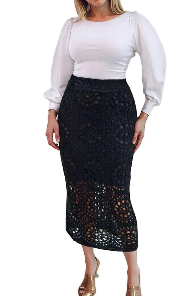 Black Midi Skirt Pockets Polyester