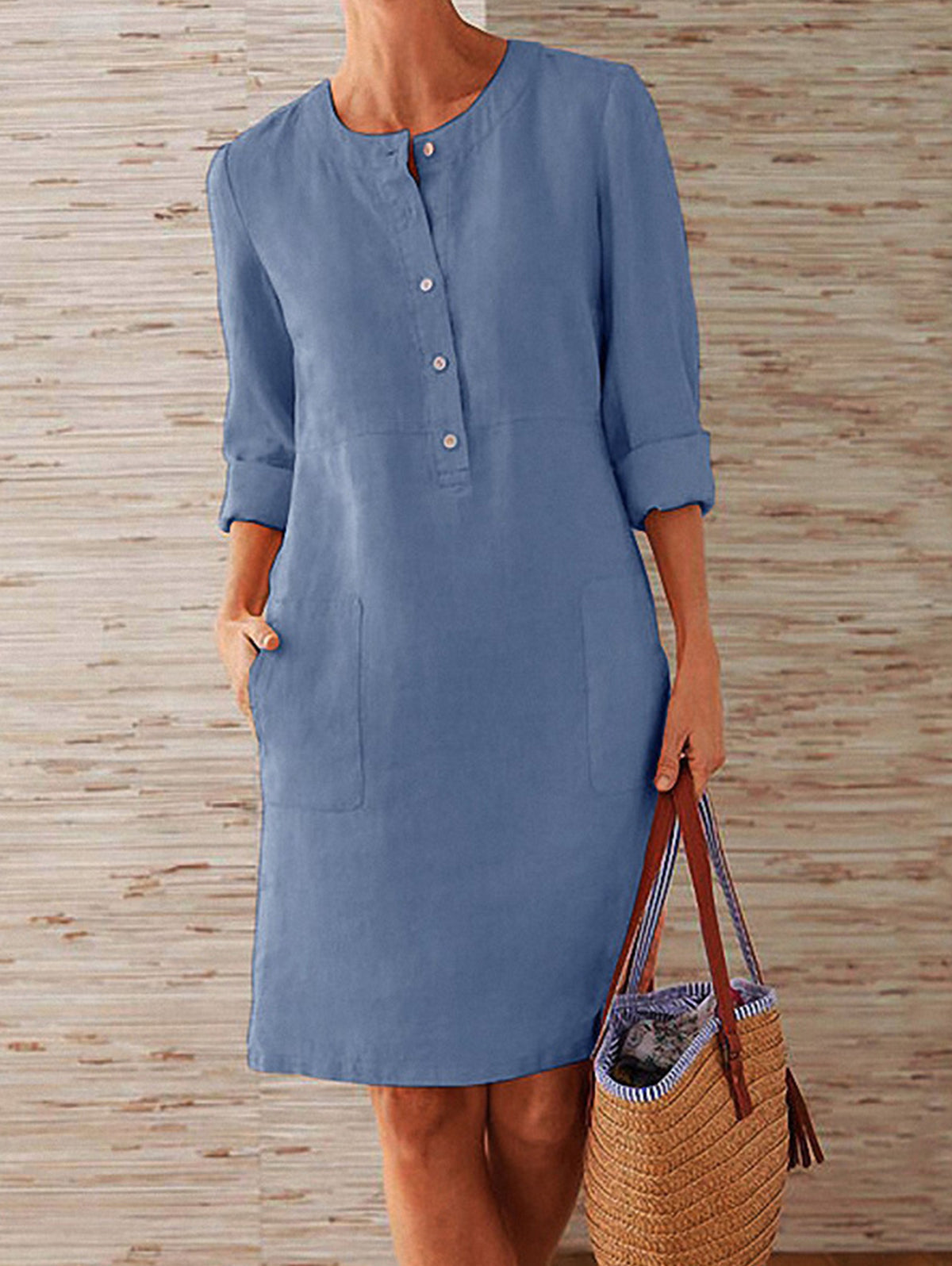 Button Front Round Neck Patch Pocket Three Quarter Sleeve Linen Look Shift Dress