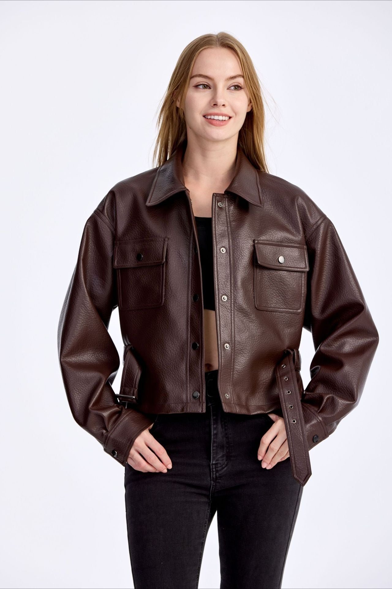 Cropped PU Notch Collar Jacket