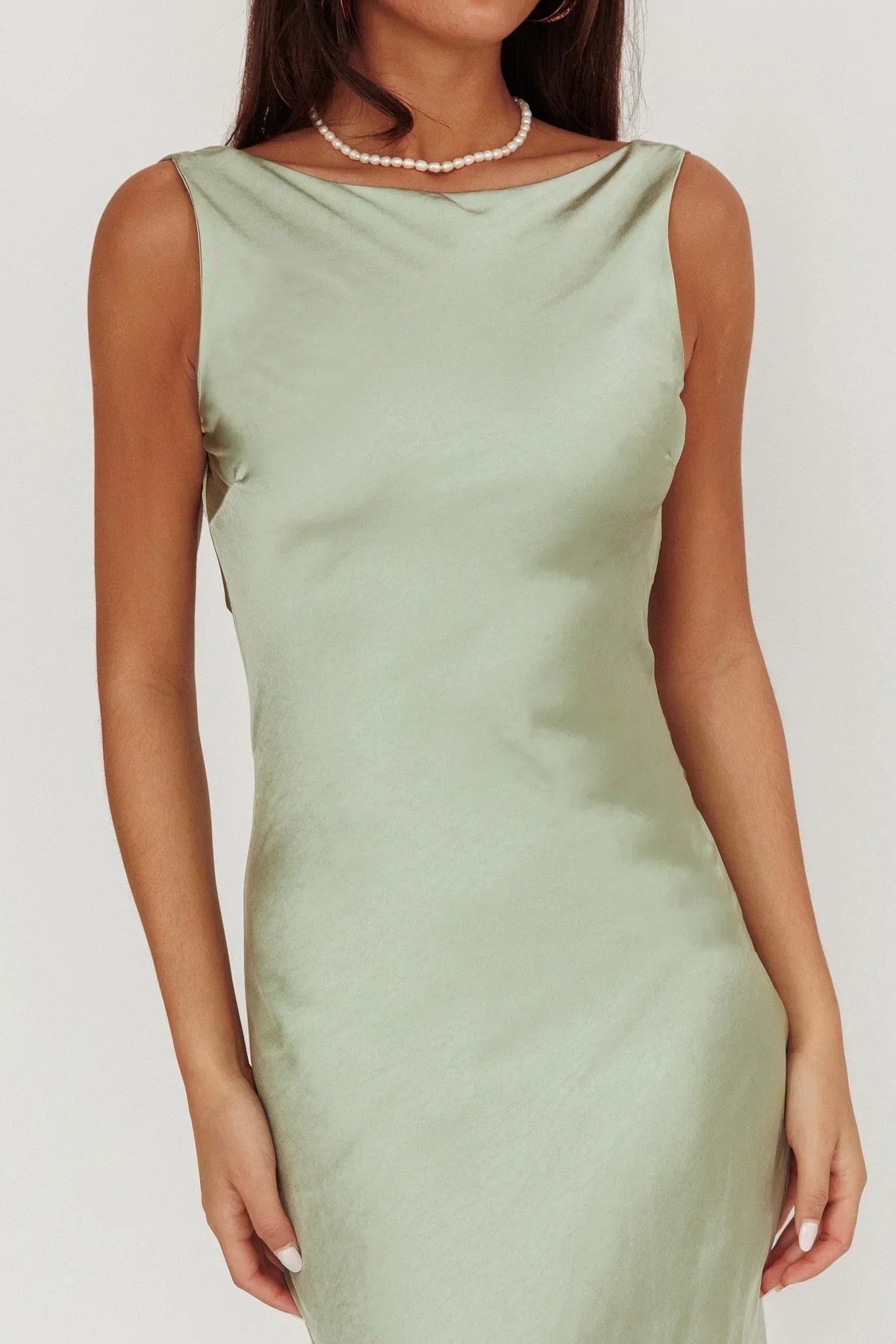 Satin Boat Neck Sleeveless Cowl Back Bias Cut Maxi Dress 3