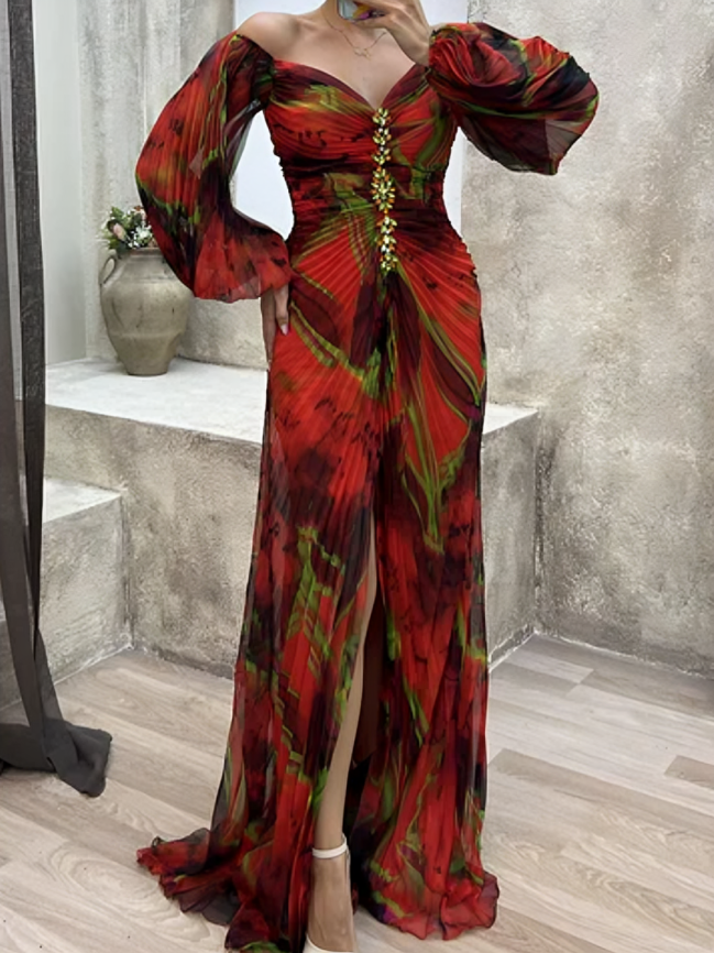 Off Shoulder Rhinestone Bodice Bishop Sleeve Pleated High Split Maxi Gown