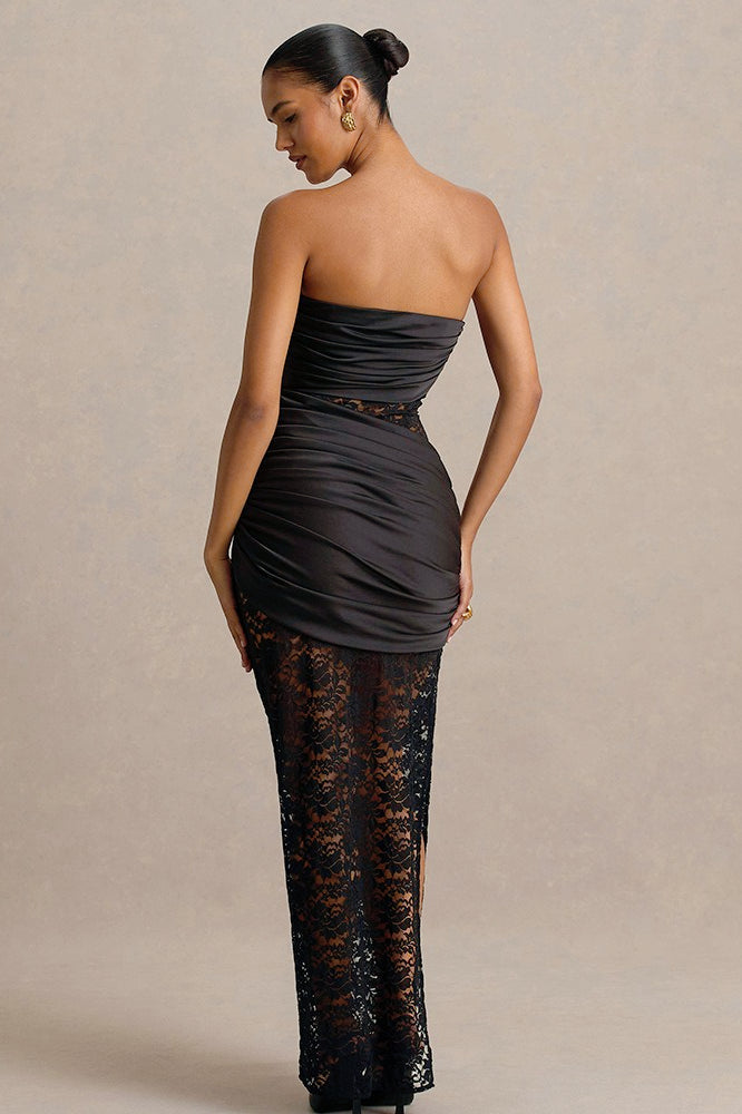 Strapless Sheer Lace High Slit Backless Maxi Lace Dress