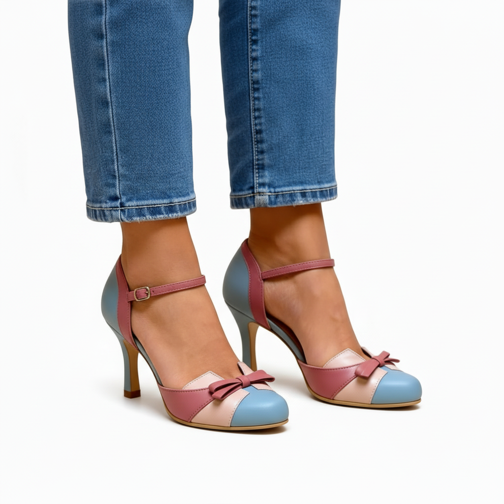Bow Cap Toe Ankle Strap Stiletto Heel Pumps