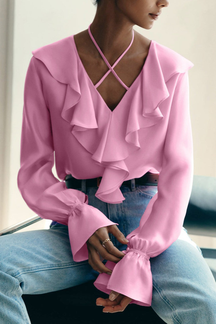 Satin Ruffle V-Neck Cross Strap Flounce Cuff Long Sleeve Blouse 3