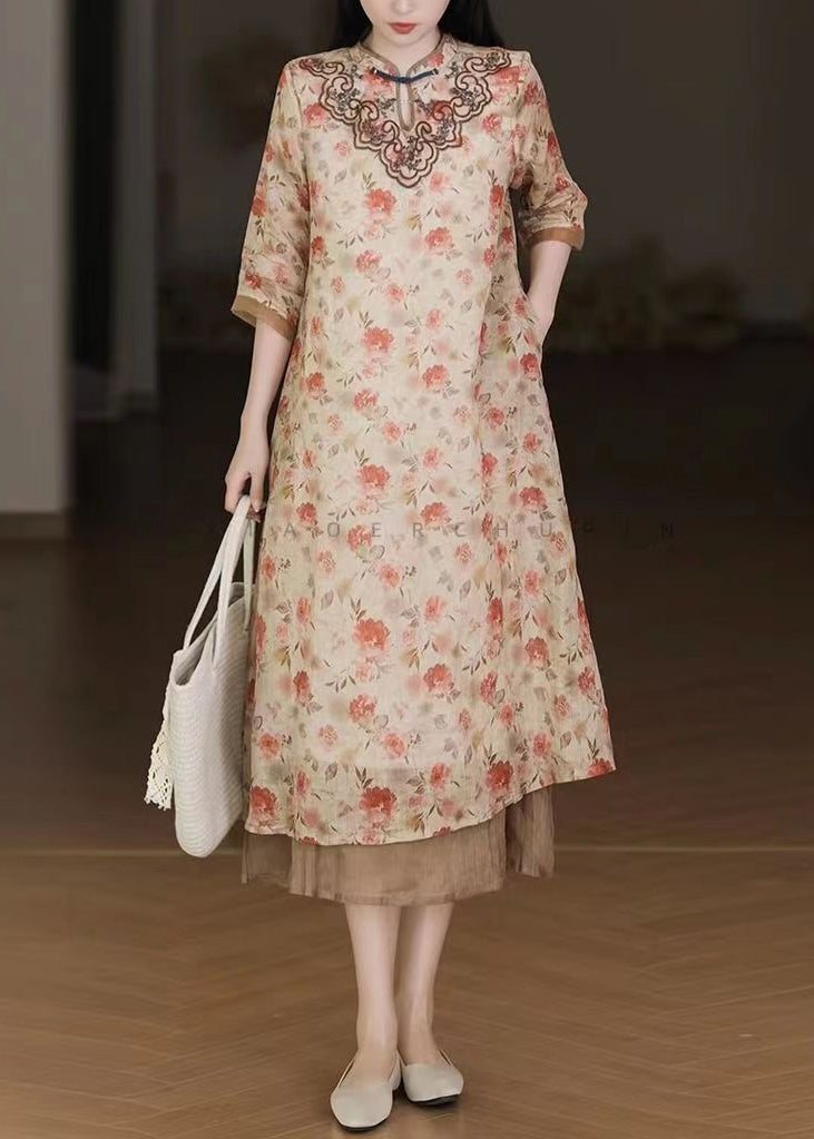 Floral Print Mandarin Collar Frog Button Chest Embroidery 3/4 Sleeve Midi Dress