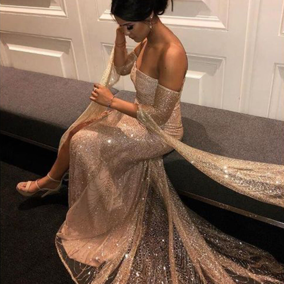 Sequin Strapless Sweetheart Mesh Cut Out Off Shoulder Cape Sleeve High Split Maxi Gown