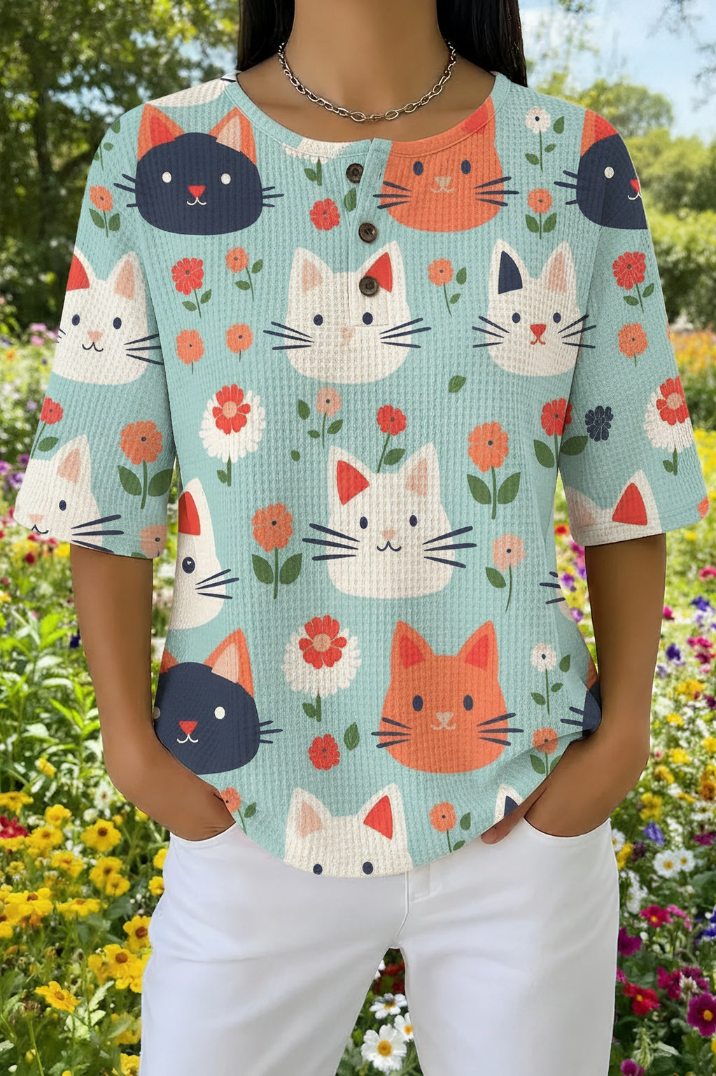 Womens Light Blue Cartoon Cat Print Casual Shirt