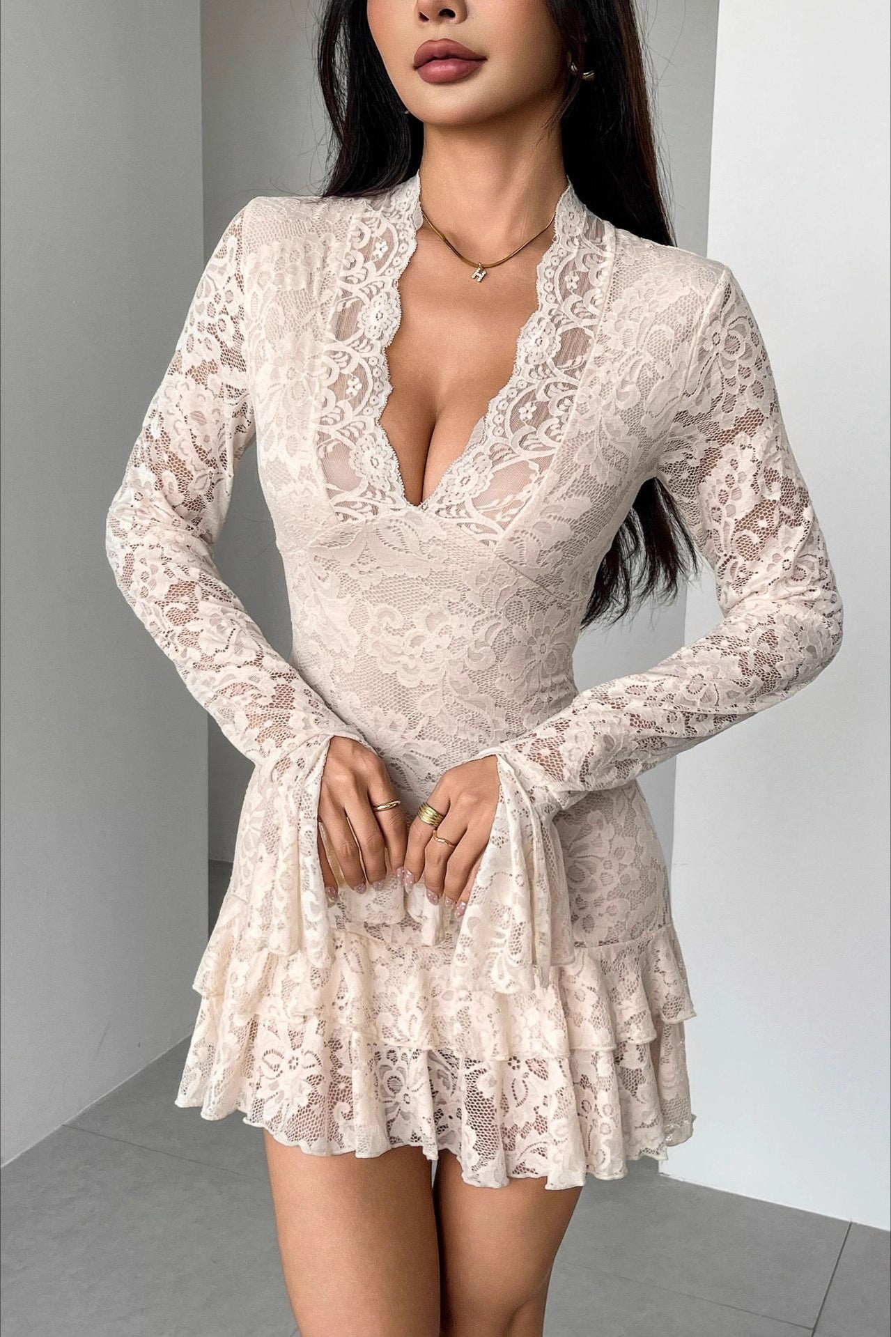 Lace V-Neck Double Ruffle Fitted Mini Dress - View 4