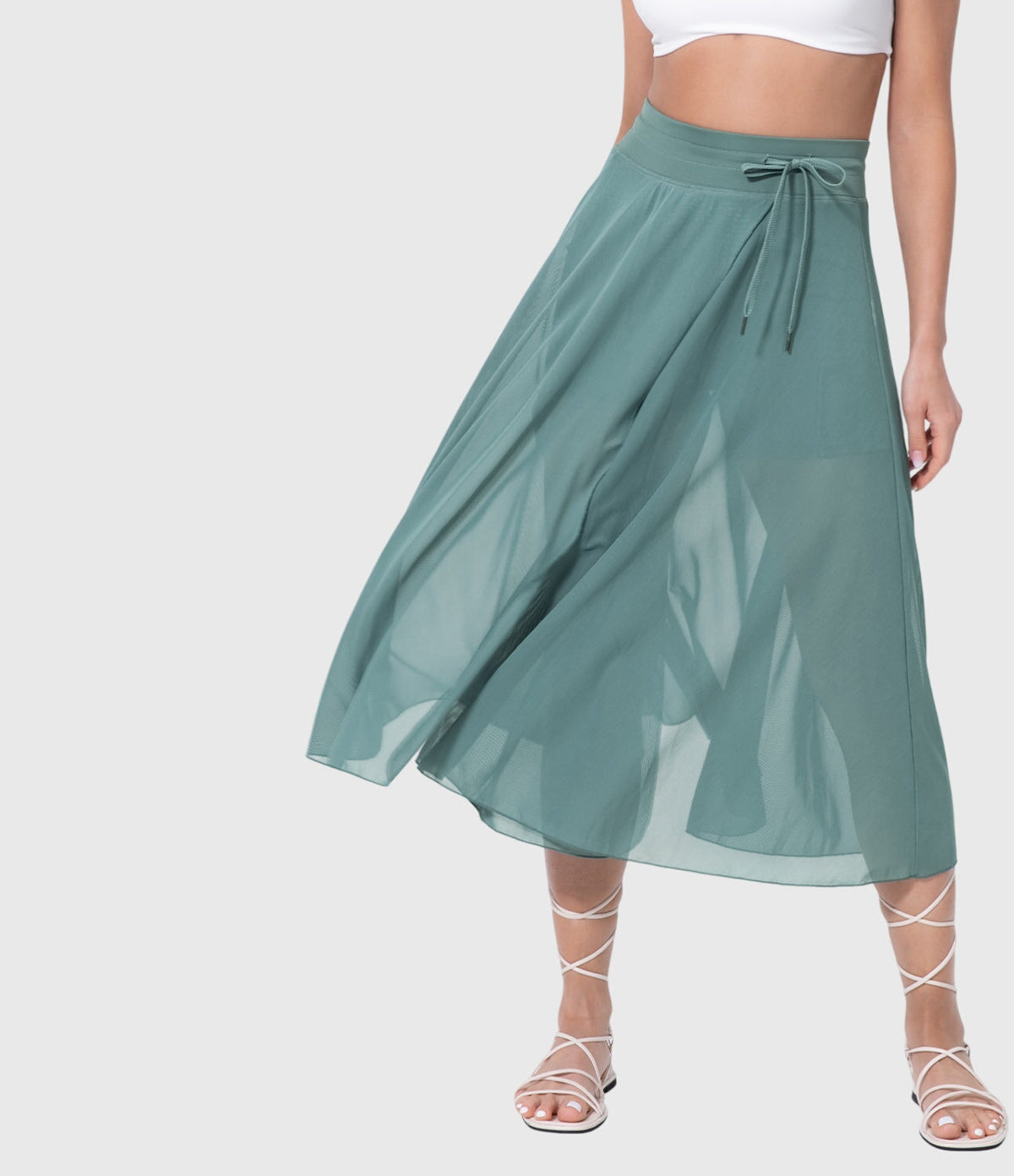 High Waist Drawstring Front Slit A-Line Midi Skirt