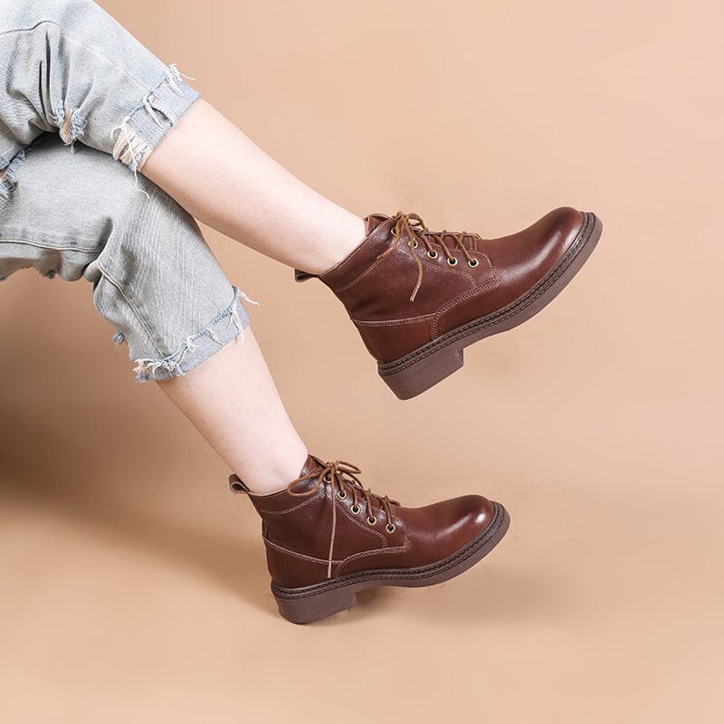 Retro Boots Brush-Off Leather Round Toe Low Heel Bottine Flat Ankle Boots Black/Coffee