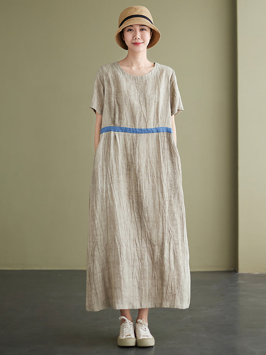 Textured Round Neck Short Sleeve Loose A-Line Maxi Dress
