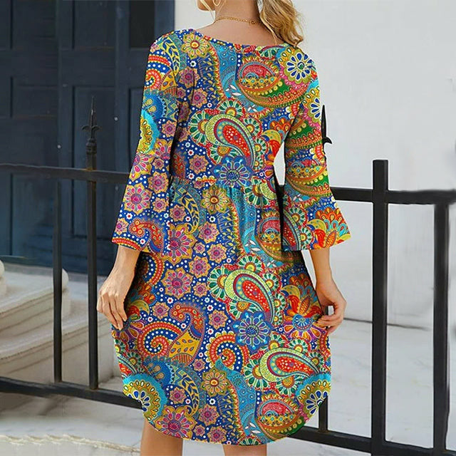 Paisley Print Scoop Neck Bell Sleeve Empire Waist Babydoll Mini Dress