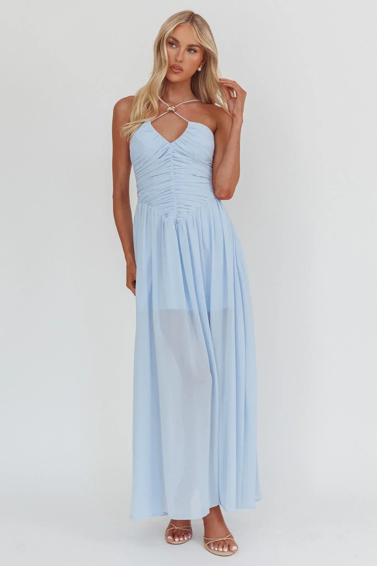 Chiffon Halter Ruched Bodice Basque Waist A-Line Maxi Dress 4
